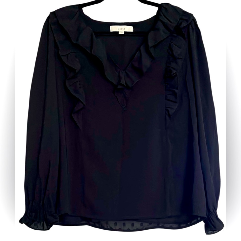 LOFT Solid Black Dotted Swiss Long Sleeve Ruffle Detail Top, Sz Medium, GUC.